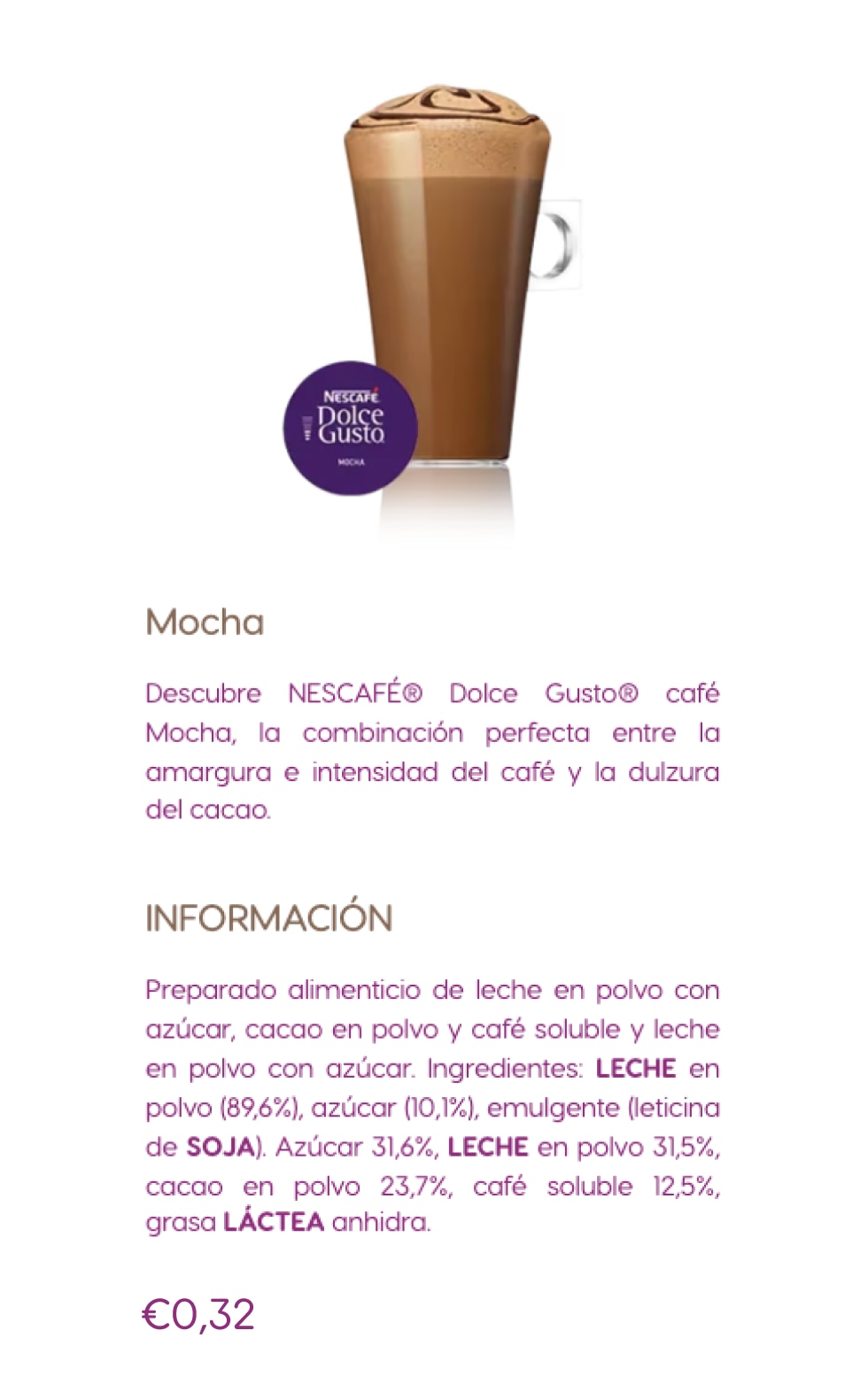 Información sobre las cápsulas Mocha